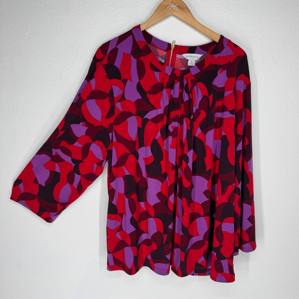 Liz Claiborne Abstract Geometric 3/4‎ Sleeve Pleat Neck Top 3x Stretch Career
